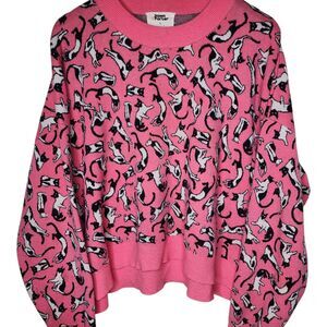 Dawn Porter X Joanie All Over Cat Print Sweater Novelty Knit Womens Pink Black